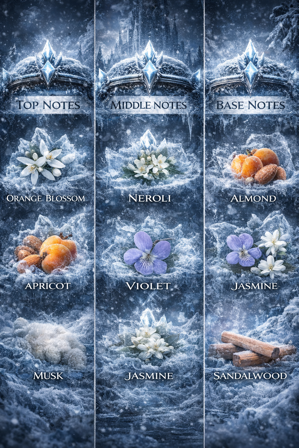 Diagram of top, middle, and base notes with floral and fruit elements on a textured blue background.