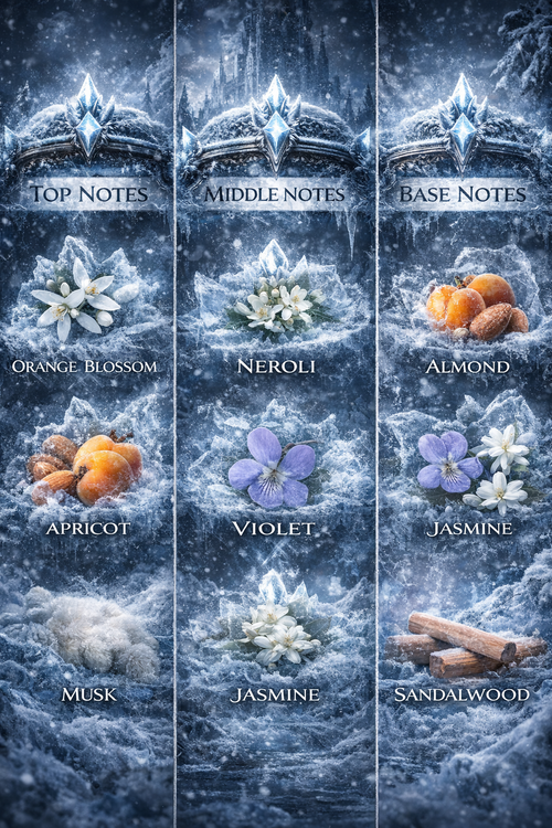 Diagram of top, middle, and base notes with floral and fruit elements on a textured blue background.