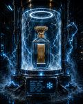 Luxury perfume bottle in a futuristic display case with blue lighting and digital interface.