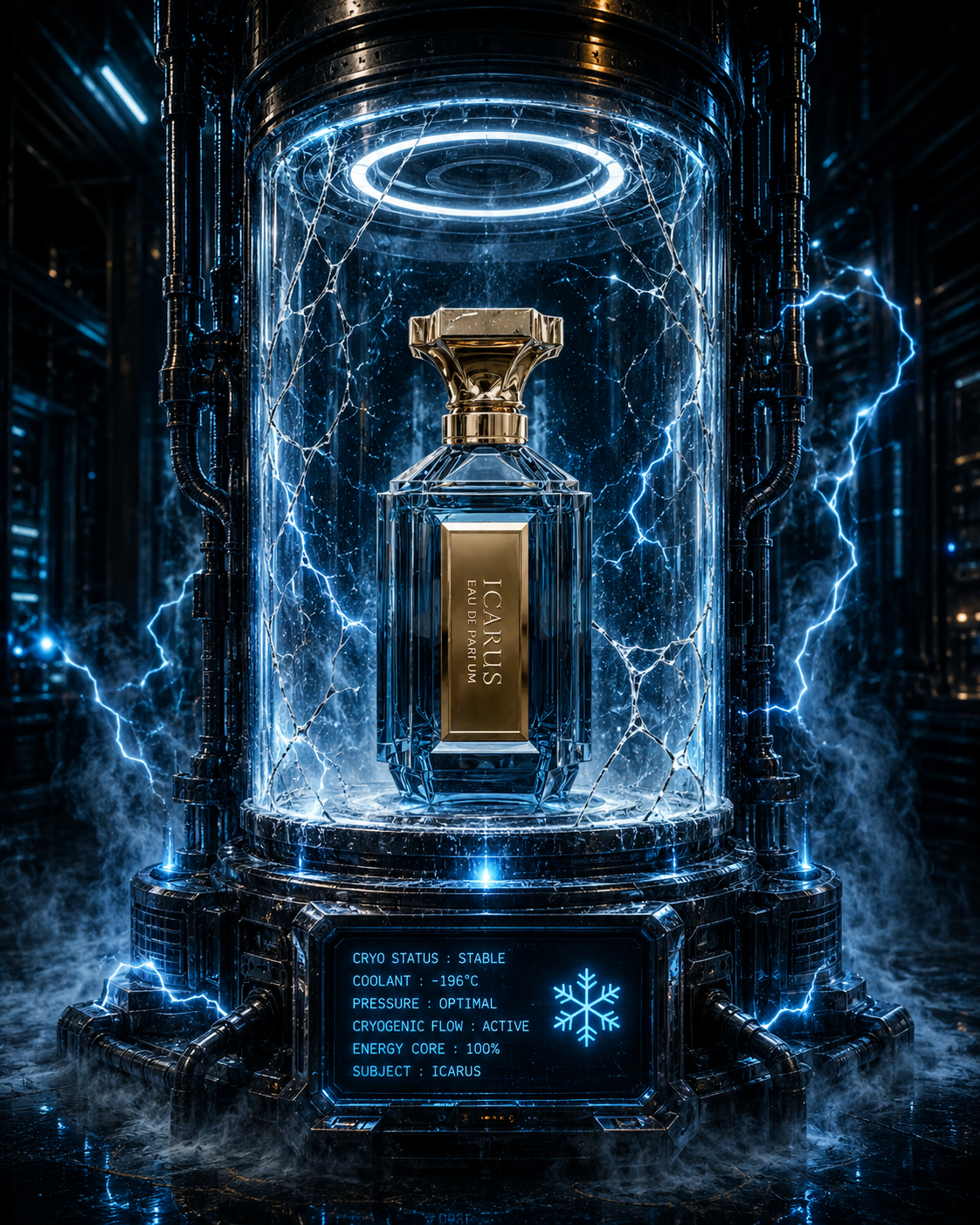 Luxury perfume bottle in a futuristic display case with blue lighting and digital interface.