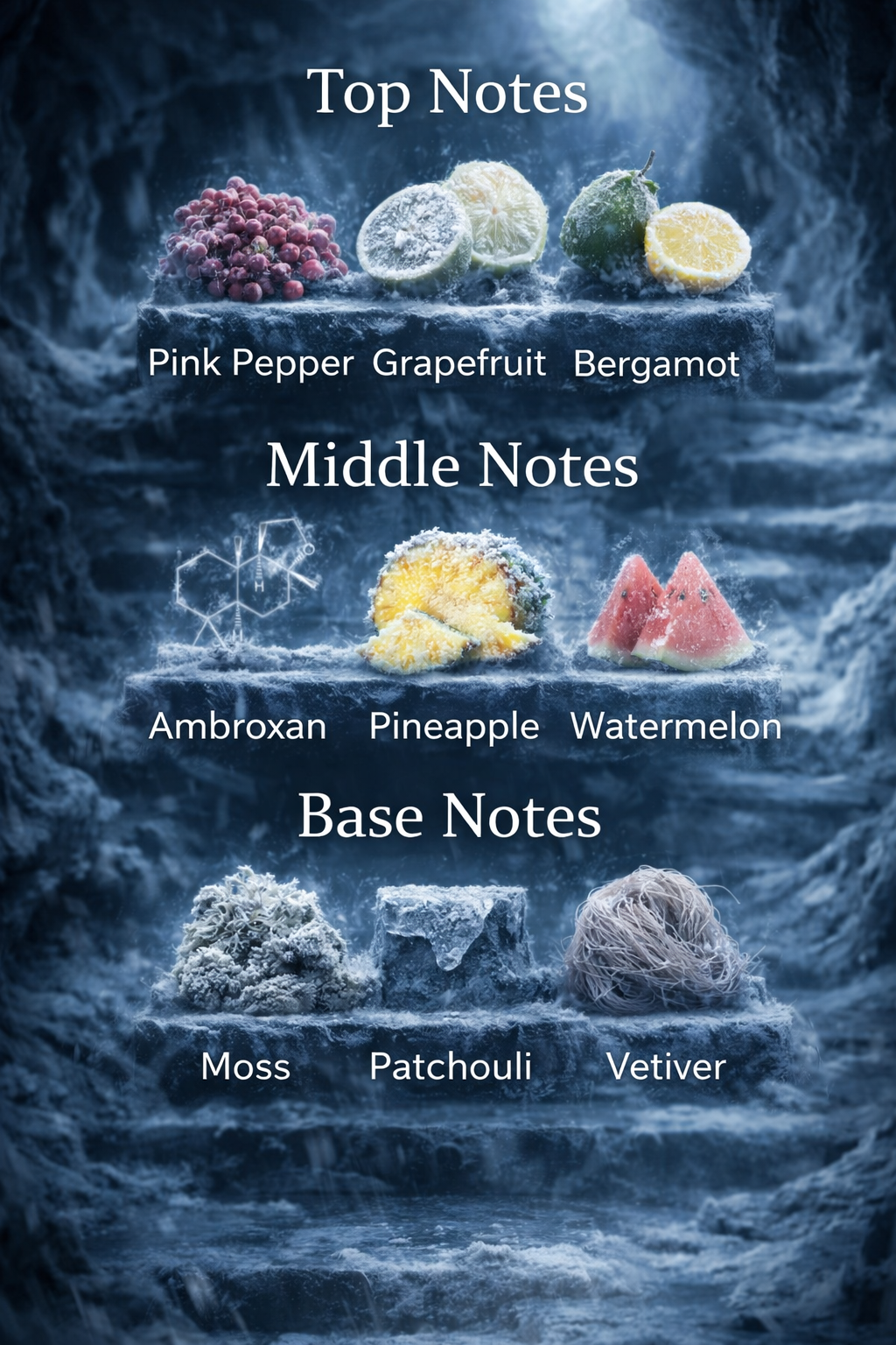 Diagram of top, middle, and base notes with corresponding scents on a textured blue background